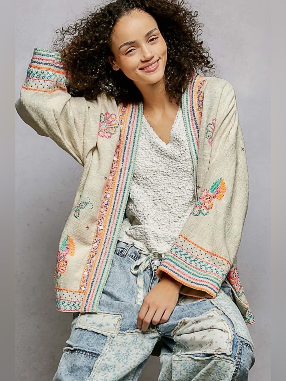 POL linen beige jacket sequin lace crochet flutter sleeve kimono blouse top - Picture 3 of 4